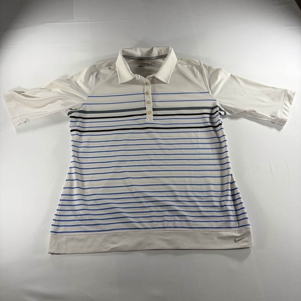 Nike Golf Polo Womens Large White Blue Striped Dri-FIT Tour Performance Shirt